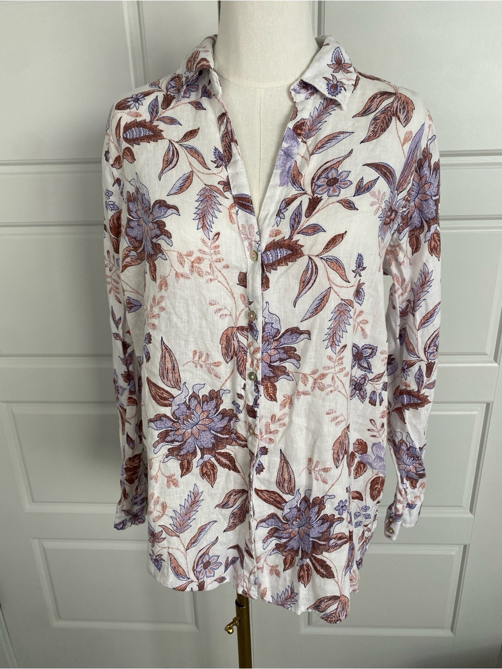 Rachel Zoe 100% Linen Floral Button Down Shirt Medium Boho Botanical